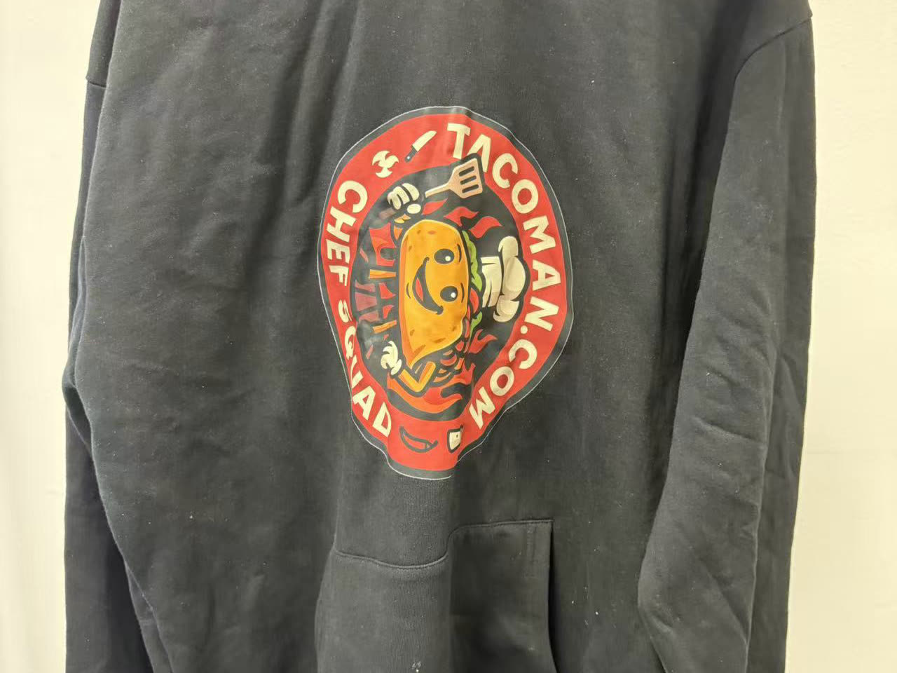 A hoodie we printed with a full-color logo on the back